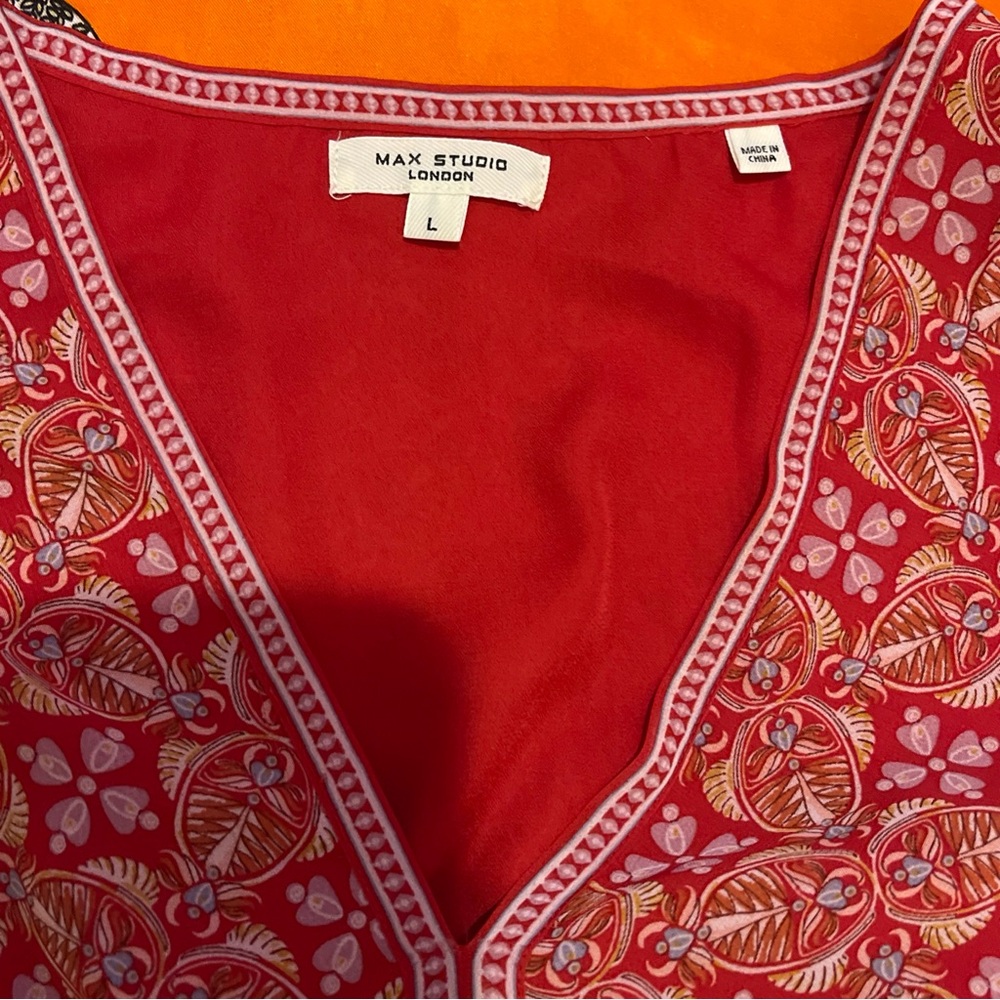 Max Studio London Women's L  Red Boho Paisley Smocked Ruffle dresses - Picture 12 of 15